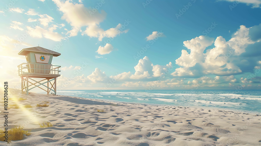 Fine sand and blue ocean water under partly cloudy skies with a lifeguard tower on the beach. Fine sand and blue ocean water under partly cloudy skies with a lifeguard tower on the beach.