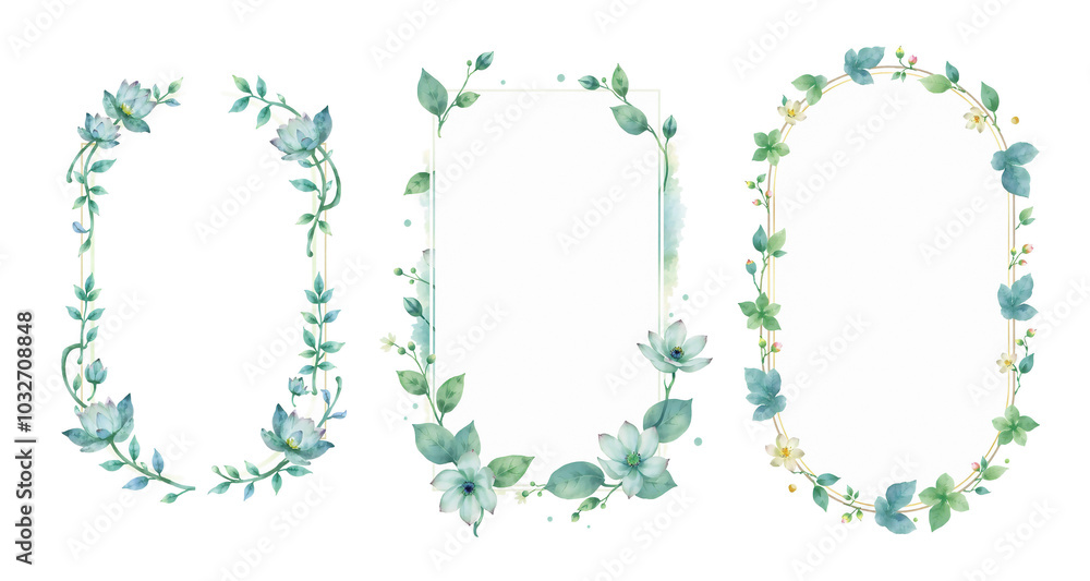 watercolor frame set with light green and indigo, jasmine flowers and lotus leaves, painted style card, white background, stylish brush strokes watercolor frame set with light green and indigo, jasmine flowers and lotus leaves, painted style card, white background, stylish brush strokes