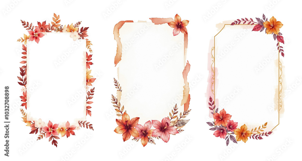 Obraz premium label set with ruby and dark orange, tropical flowers and dense leaves, stylized paint, on white background, simple brush strokes