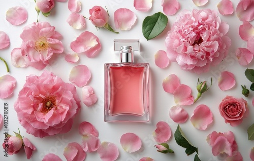Elegant pink perfume bottle surrounded by fresh roses and petals on a white s...