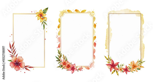 watercolor invitation label set with ruby and dark yellow, tropical flowers and bamboo leaves, simple brush strokes, isolated on white background, stylized paint