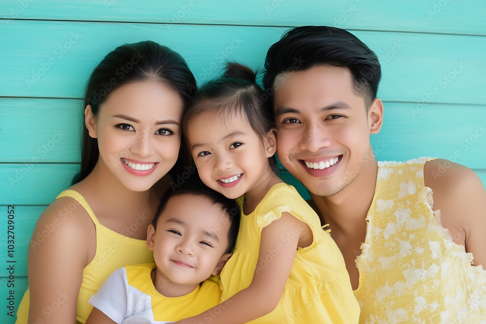 Fototapeta premium Joyful Asian Family Portrait in Yellow