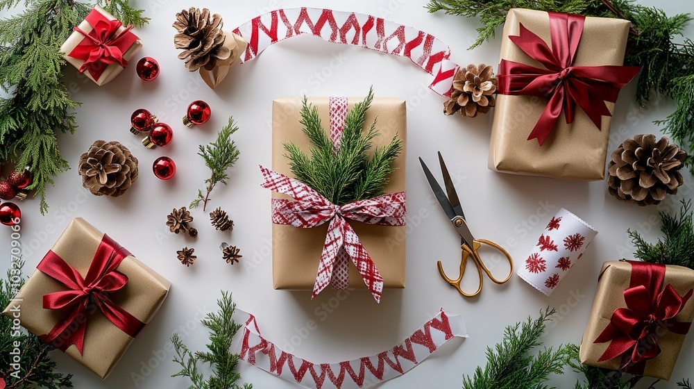 Christmas gift wrapping supplies arranging on white table background Christmas gift wrapping supplies arranging on white table background
