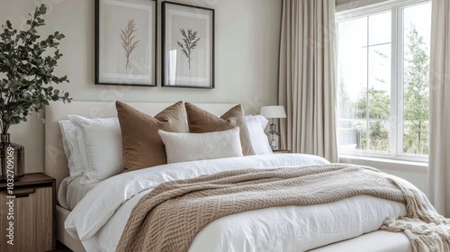 Cozy bedroom with natural light, soft bedding, and earthy decor in a serene s...
