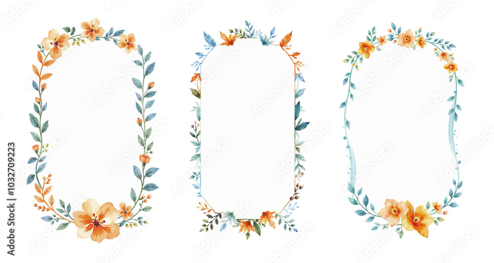 empty label with space for text with orange and light blue, refined flowers and abundant leaves, brush stroke, stylized paint card, isolated on white empty label with space for text with orange and light blue, refined flowers and abundant leaves, brush stroke, stylized paint card, isolated on white