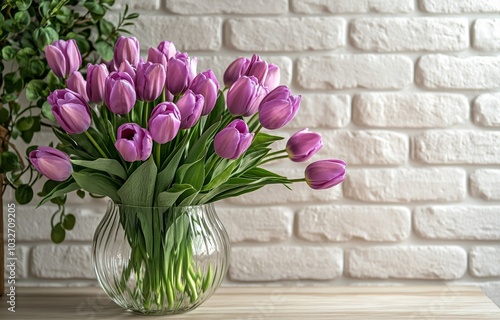 A vibrant bouquet of purple tulips in a clear vase against a textured white b...