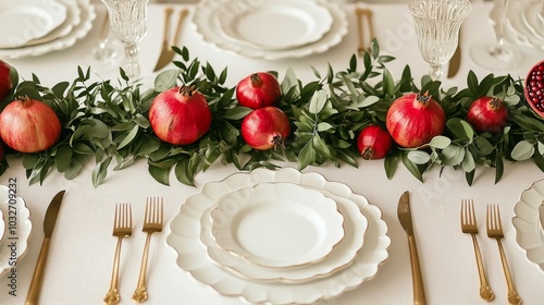 Elegant dining table setting adorned with pomegranates and greenery for a fes...