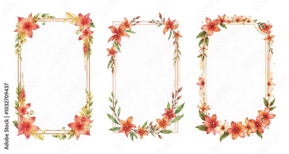 frames with red and deep orange, jasmine flowers and tropical leaves, paint style, on white background, brush stroke frames with red and deep orange, jasmine flowers and tropical leaves, paint style, on white background, brush stroke
