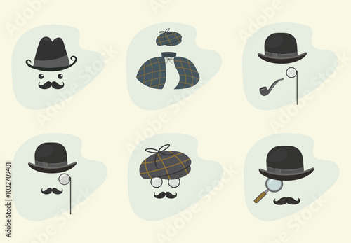 Vintage men's accessories. Retro detective set on light background. Collection of things for gentlemen. Isolated vector icons. Private detective accessories.