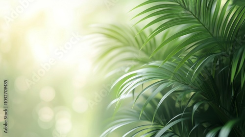 Lush green palm leaves illuminated by soft sunlight in a serene outdoor setting
