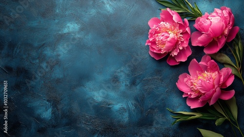 Colorful peonies arranged beautifully on a teal background for a floral displ...