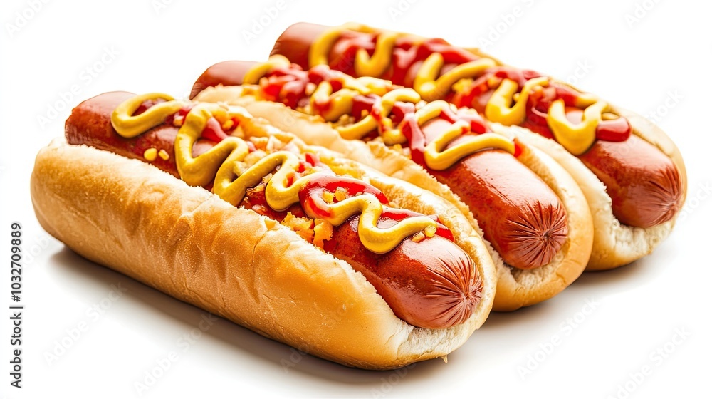 A selection of hotdogs with mustard and ketchup, served on a variety of buns, isolated on a simple white background. A selection of hotdogs with mustard and ketchup, served on a variety of buns, isolated on a simple white background.
