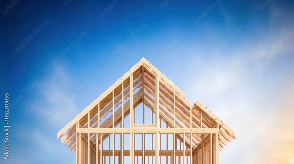 Wooden house frame against a blue sky, showcasing construction and design elements. Wooden house frame against a blue sky, showcasing construction and design elements.