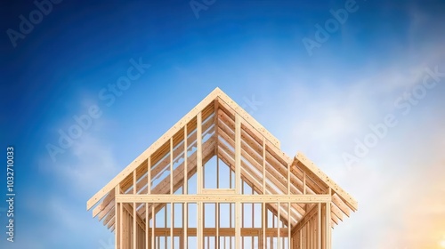 Wooden house frame against a blue sky, showcasing construction and design elements.