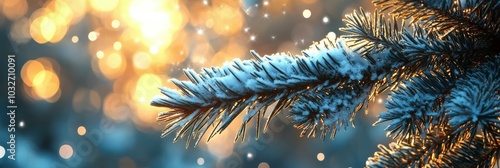 Snow covered pine branch glistening in the warm morning sunlight near a winte...