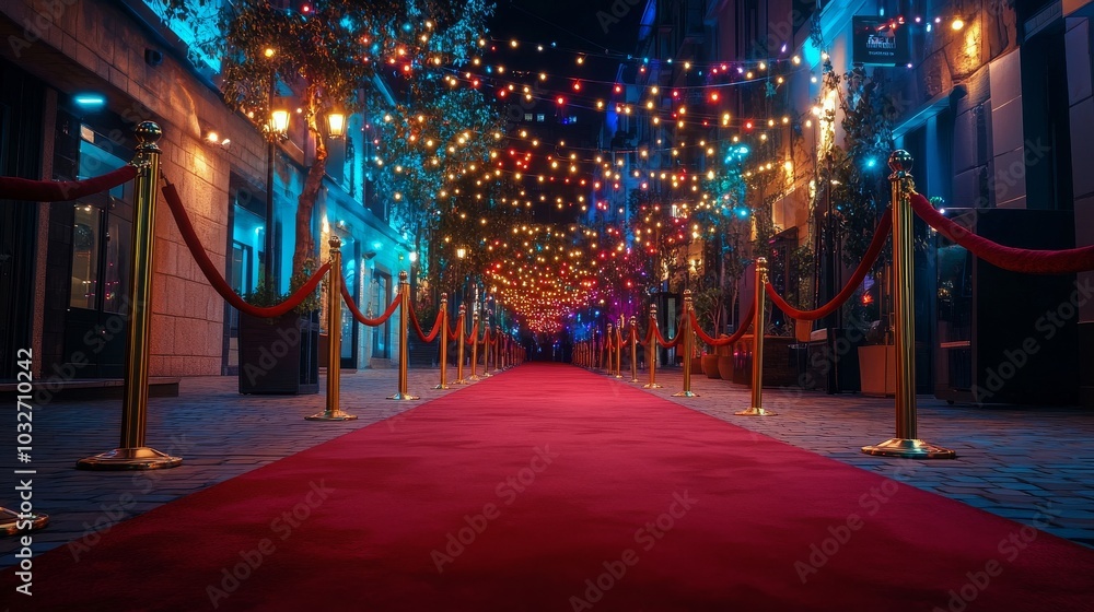 Vibrant nighttime red carpet event with illuminated buildings and festive lights in a city setting Vibrant nighttime red carpet event with illuminated buildings and festive lights in a city setting
