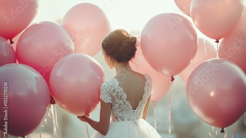 A bride holding pink balloons in a sunny outdoor setting with a dreamy atmosp...