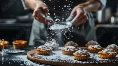 A chef is sprinkling powdered sugar over a plate of pastries. The sugar is falling in a fine stream and creating a light dusting on the pastries.