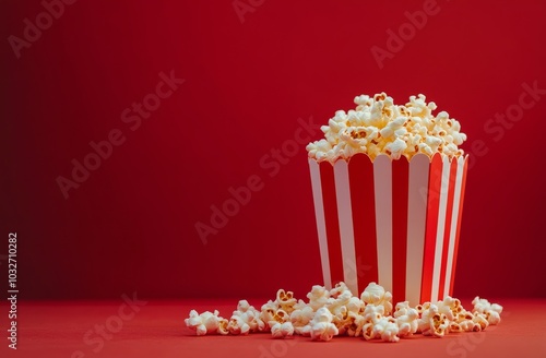 Delicious popcorn bursting from a striped red container against a bright red ...