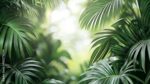 Lush green palm leaves illuminated by soft sunlight in a serene outdoor setting