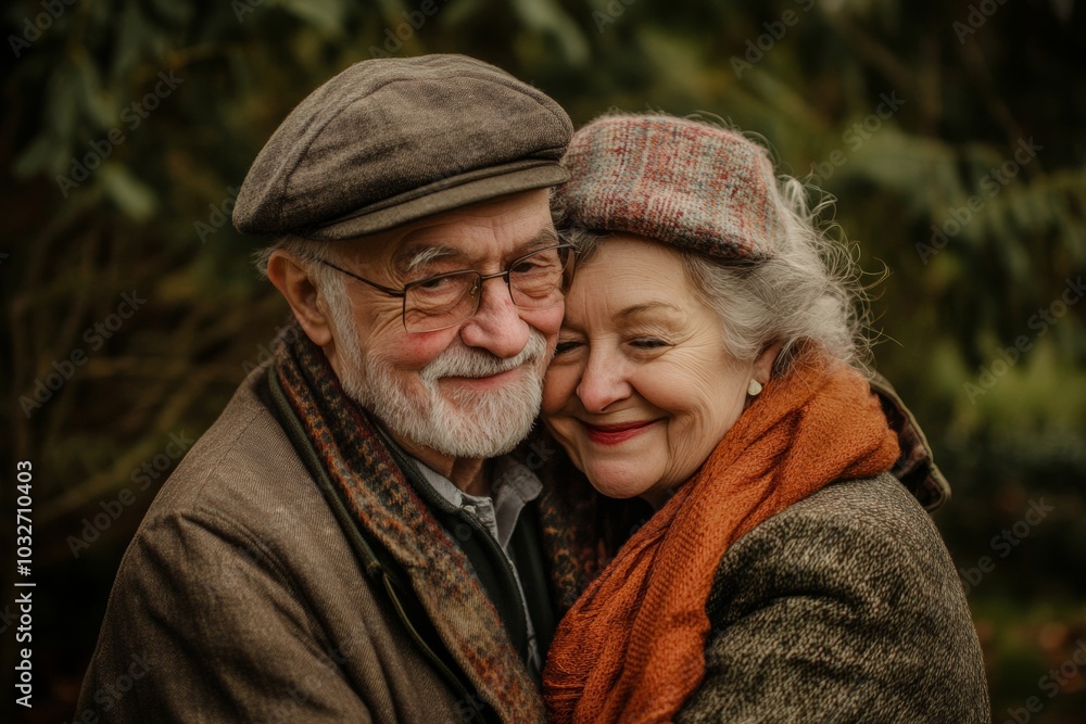 Elderly couple embracing each other warmly in a lush outdoor setting during autumn Elderly couple embracing each other warmly in a lush outdoor setting during autumn