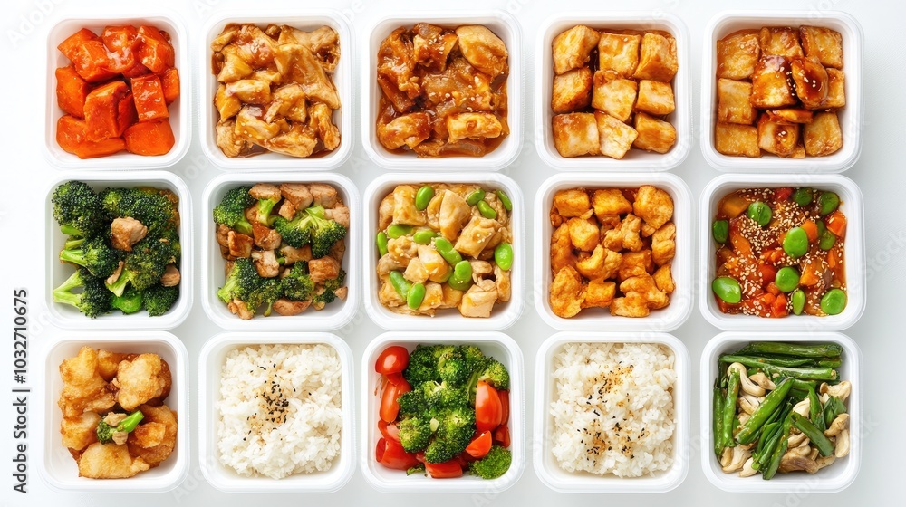 A variety of frozen ready-to-eat stir-fry meals, arranged on a white background, showcasing healthy and convenient meal options. A variety of frozen ready-to-eat stir-fry meals, arranged on a white background, showcasing healthy and convenient meal options.