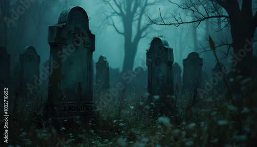A spooky graveyard featuring old, weathered tombstones and skeletal trees, shrouded in mist. The eerie atmosphere evokes a sense of mystery and the supernatural.

