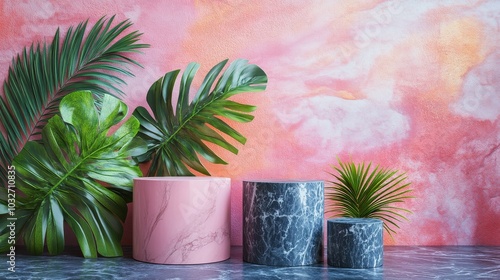Modern studio setup with circular marble pedestal and tropical plants in a so...