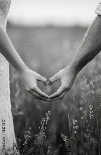 Couples hands forming a heart shape against a serene background during a roma...