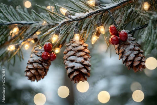 Snow covered pine branches adorned with red berries and illuminated by soft Christmas lights creating a serene and peaceful winter holiday scene filled with festive cheer photo