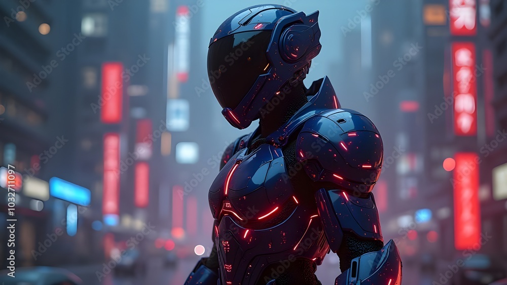 cyber glowing armor in dystopian futuristic backdrop cyber glowing armor in dystopian futuristic backdrop
