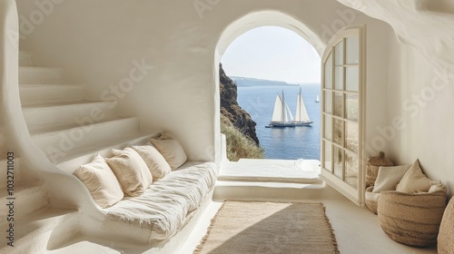 Stunning coastal view from an elegant staircase overlooking sailboats in the ...