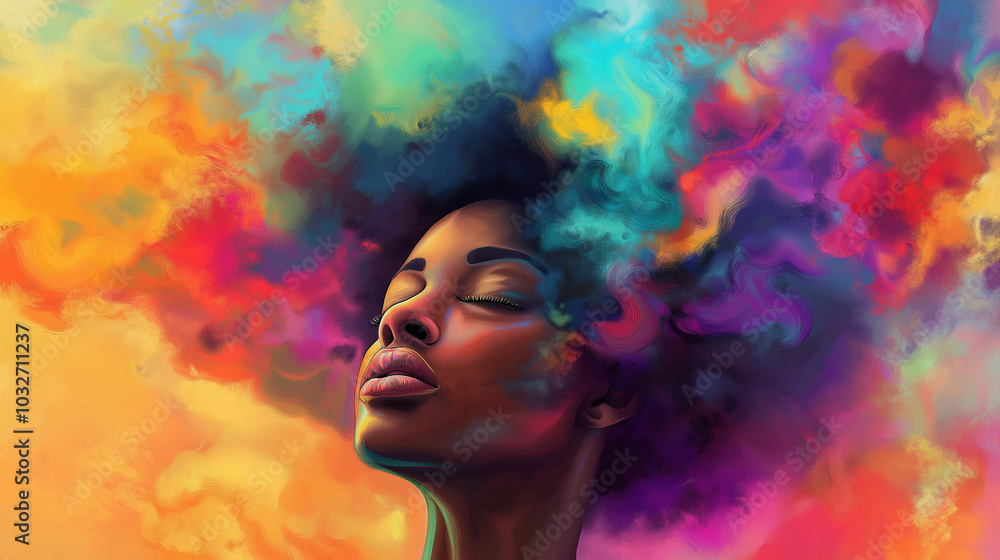 musical vibrations depicted as colorful Smokey liquid art travels from the sky down to the ears of a realistic young woman with cool hair facing forward, enlightened expression musical vibrations depicted as colorful Smokey liquid art travels from the sky down to the ears of a realistic young woman with cool hair facing forward, enlightened expression
