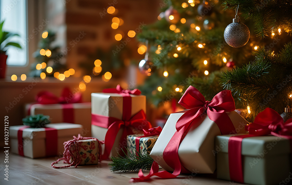 wrapped christmas presents decorated tree lights festive atmosphere inside cozy room surrounded holiday wrapped christmas presents decorated tree lights festive atmosphere inside cozy room surrounded holiday