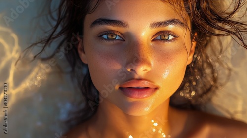 A close up portrait of a young woman with freckled skin and striking green eyes