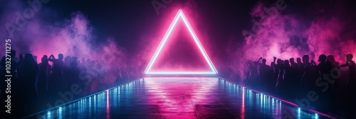 Vibrant laser triangle illuminates a crowd at a nighttime electronic music fe...