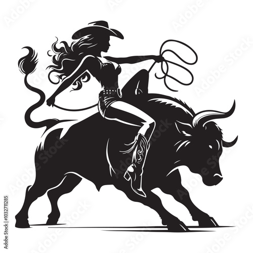 Pin-up woman bull cowgirl in full rodeo action, Silhouette vector  black color white background