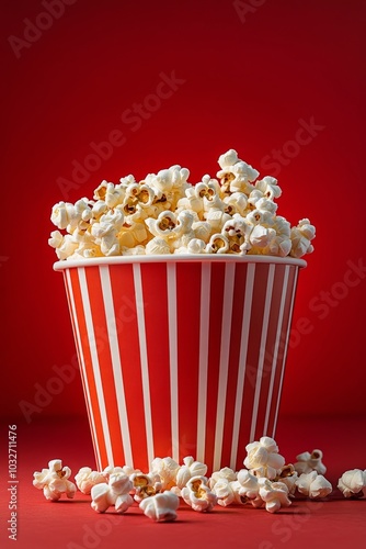Classic striped popcorn bucket overflowing with fresh popcorn on a vibrant re...