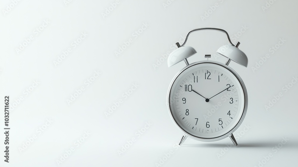 A classic white alarm clock displaying the time in a minimalist setting. A classic white alarm clock displaying the time in a minimalist setting.
