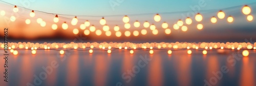 String lights glowing against a colorful sunset sky during an evening gathering