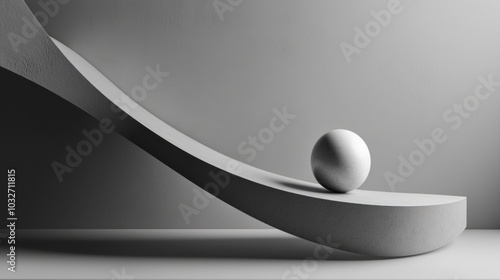 A minimalist composition featuring a curved surface and a sphere, emphasizing form and shadow.