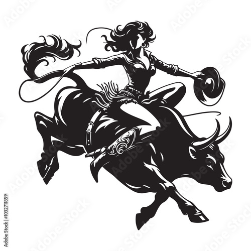 Pin-up woman bull cowgirl in full rodeo action, Silhouette vector  black color white background