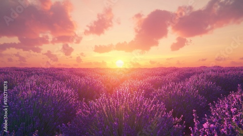  A field of lavender flowers bathed in the golden light of sunset, with the sun sinking perfectly in the center and fluffy clouds drifting lazily overhead