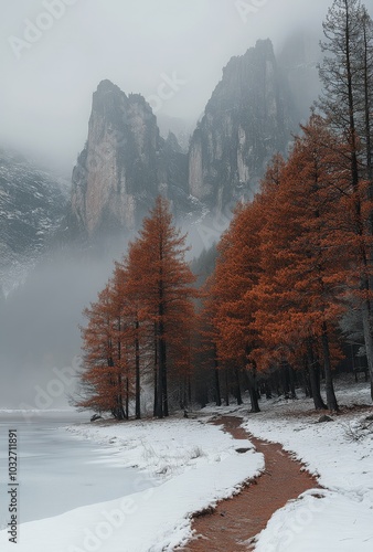 Autumn foliage mixed with winter snow in a tranquil mountain landscape during...