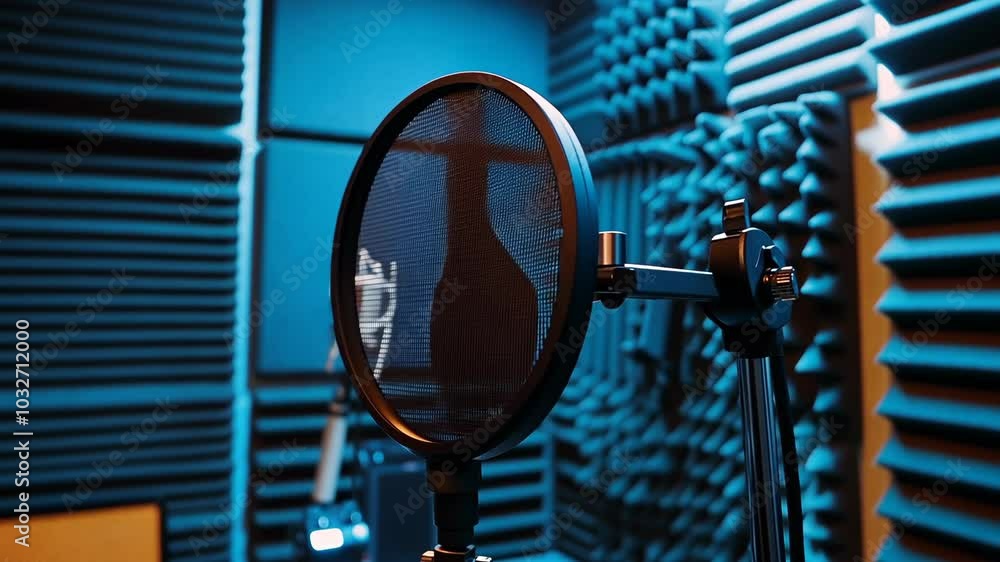 A microphone sits in a soundproof booth with blue acoustic panels