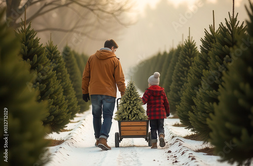 preparing for Christmas. Dad and son bought a Christmas tree at a fair, a farm. merry Christmas Eve weekend. Christmas tree farm, family weekend photo