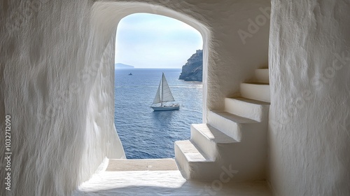 Stunning coastal view from an elegant staircase overlooking sailboats in the ...