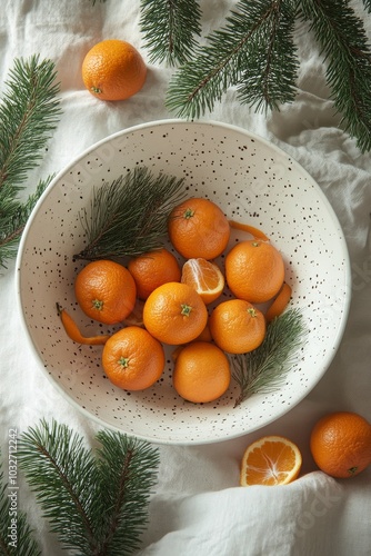 Fresh oranges in a white bowl surrounded by greens on a light fabric backdrop