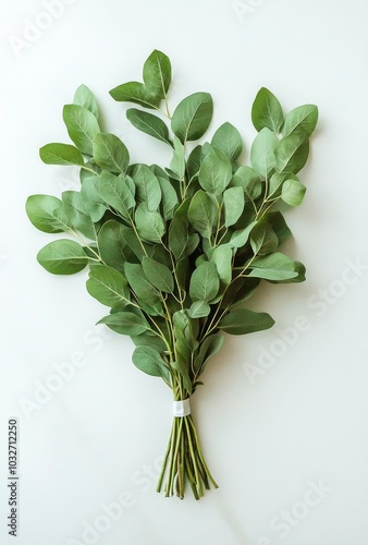 Fresh green leaves arranged artistically against a light background in a natu...