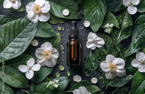 A glass bottle of essential oil surrounded by delicate white flowers and lush...